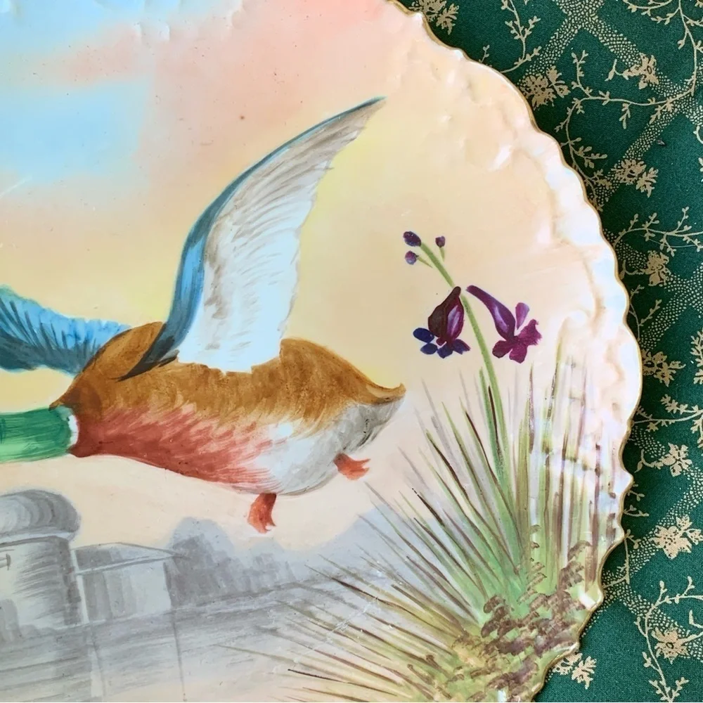 Antique Limoges France LRL Duck in Flight Plate Game Bird Signed Vitec